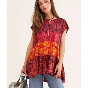 Free People Gotta Have You Tunic S Oversized Patchwork Top Red‎ Boho Peasant